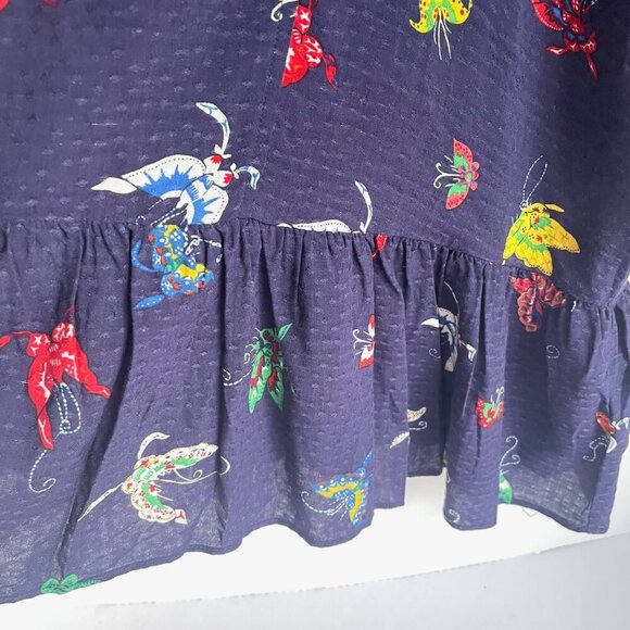 Anthropologie Blouse Womens Medium Blue Butterfly Short Sleeve Button Peplum Hem - Picture 7 of 14